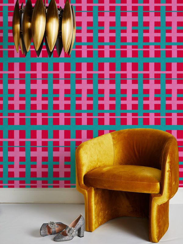 Crosstown Plaid  Wallpaper by Sarah Jessica Parker - Teal on Geranium For Sale