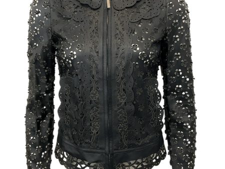 Elie Saab Black Leather Floral Eyelet Jacket Fashion