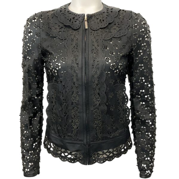 Elie Saab Black Leather Floral Eyelet Jacket Fashion