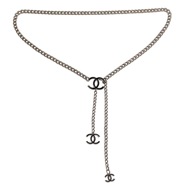 Chanel 2004 Silver Chain Belt With Black Enamel Logos For Cheap