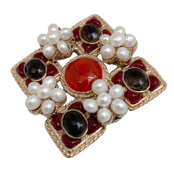 Chanel Burgundy Gripoix and Pearl Square Brooch Online Sale