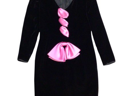 Valentino Boutique Vintage Black   Pink Satin Bow Detail Long Sleeved V-Neck Velvet Dress For Sale