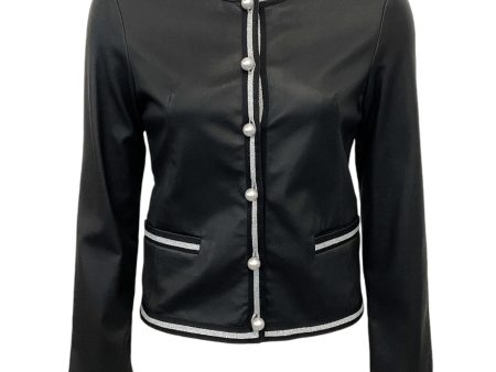 Susan Bender Black Leather Jacket with Pearl Buttons and Silver Trim Hot on Sale