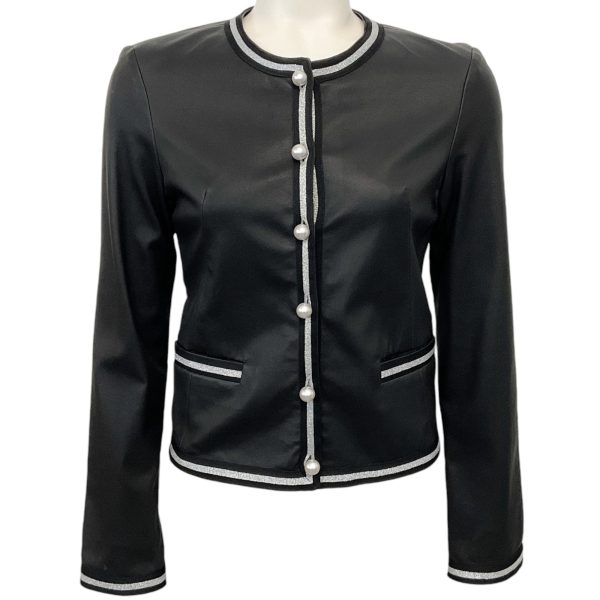 Susan Bender Black Leather Jacket with Pearl Buttons and Silver Trim Hot on Sale