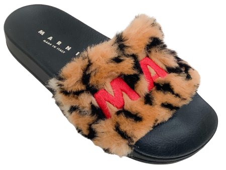 Marni Camel   Black Leopard Faux Fur Embroidered Logo Slide Sandals Discount