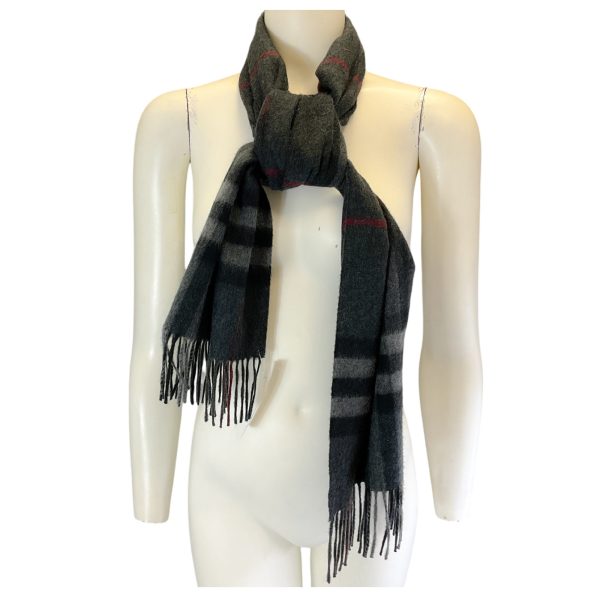 Burberry Charcoal Grey Fringed Giant Check Cashmere Scarf on Sale