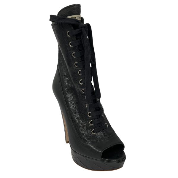 Miu Miu Black Peep Toe Lace-Up Platform Leather Boots Online now