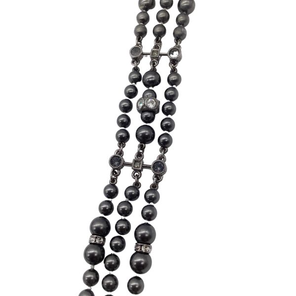 Chanel Gunmetal 2017 Crystal Embellished CC Logo Triple Strand Pearl Necklace For Discount