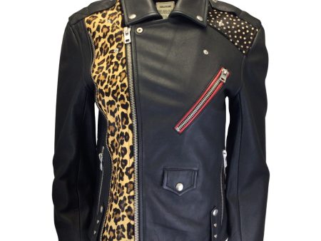 Zadig & Voltaire Black Multi Liya Leopard Patch Leather Biker Jacket on Sale