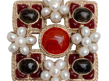 Chanel Burgundy Gripoix and Pearl Square Brooch Online Sale