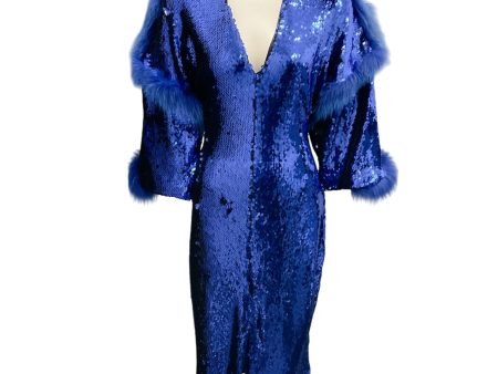 Sally LaPointe Blue Fur Trimmed Sequined Dress For Discount