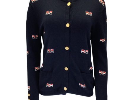 Thom Browne Navy Blue Bow Design Long Sleeved Button-down Cashmere Knit Cardigan Sweater Hot on Sale