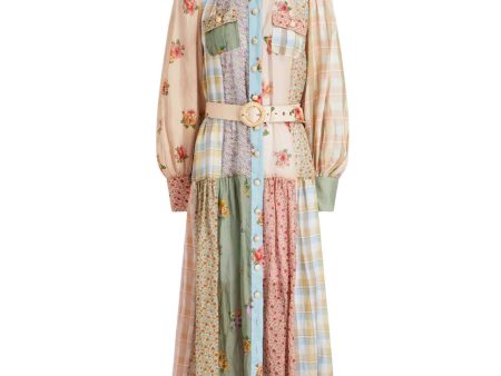 Zimmermann Blue   Tan Multi Belted Floral Check Patchwork Ramie Shirt Dress Cheap