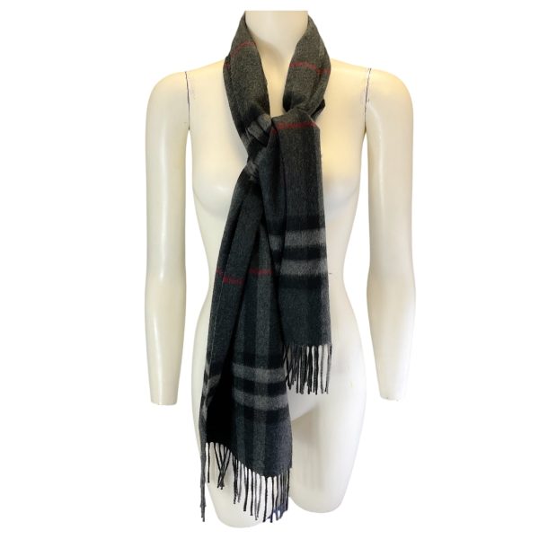 Burberry Charcoal Grey Fringed Giant Check Cashmere Scarf on Sale