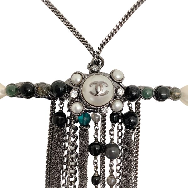 Chanel Gunmetal   Pearl 2011 Bar with Chains   Beads Necklace Hot on Sale