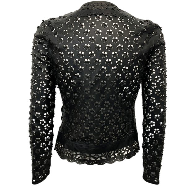 Elie Saab Black Leather Floral Eyelet Jacket Fashion