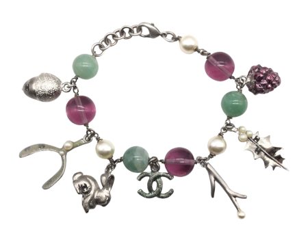 Chanel Silver Green Purple Beaded Woodland Charm Fall 2005 Bracelet Cheap