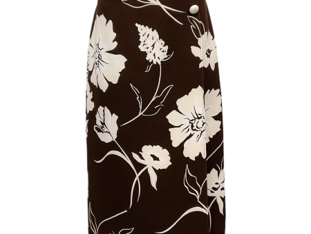 Tory Burch Deep Chocolate Daisy Printed Twill Crepe Wrap Skirt Online Sale