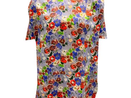 Prada Light Blue Multi Floral Printed Short Sleeved Silk Blouse For Sale