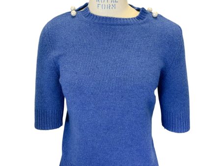 Chanel Blue Pearl Embellished Short Sleeved Cashmere Knit Sweater Discount