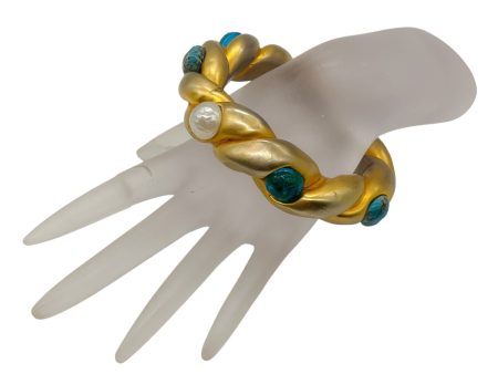 Chanel Vintage Pearl and Aqua Resin Embellished Gold Enamel Chunky Bangle Bracelet Discount