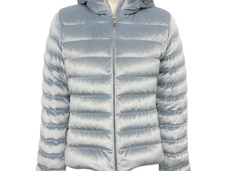 Moncler Light Blue Velour Hooded Puffer Jacket For Discount