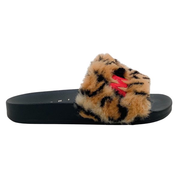 Marni Camel   Black Leopard Faux Fur Embroidered Logo Slide Sandals Discount