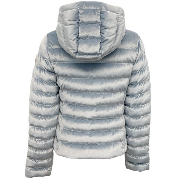 Moncler Light Blue Velour Hooded Puffer Jacket For Discount