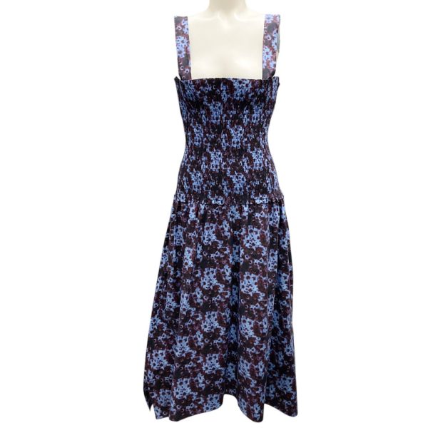 Proenza Schouler Sky Blue   Wine Sunflower Poplin Smocked Midi Dress Hot on Sale