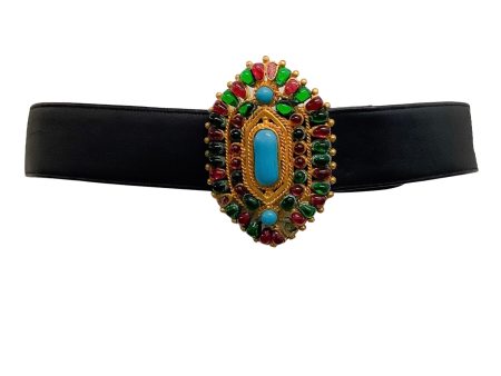 Chanel 1993 Turquoise and Gripoix Black Leather Belt Supply