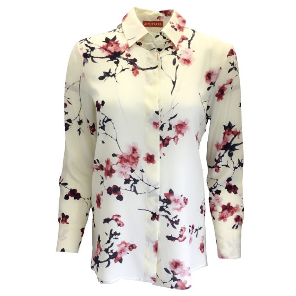 Altuzarra Ivory Cherry Blossom Print Long Sleeved Silk Blouse Online now