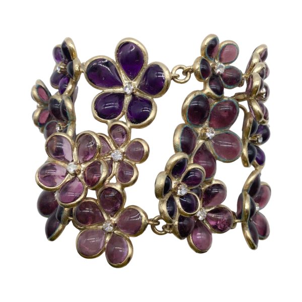 Chanel Purple Glass Flowers with Rhinestones Bracelet Hot on Sale