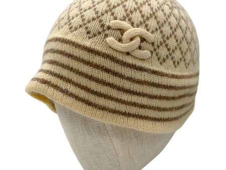 Chanel Ivory   Taupe CC Logo Cashmere Knit Beanie Hat Sale