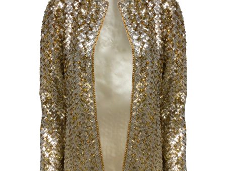 Christian Dior Vintage Gold and Silver Metallic Sequined and Beaded Open Front Jacket Cheap