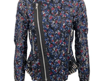 Sacai Blue Multi Floral Eyelet Silk Moto Jacket For Sale