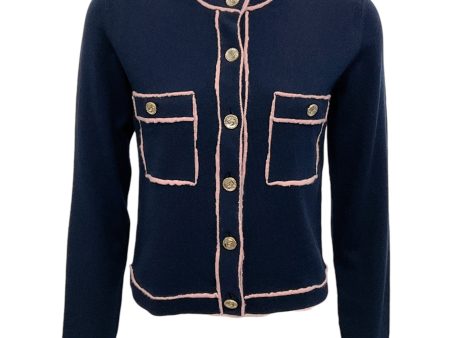 Chanel Navy Blue Cashmere Cardigan with Pink Trim Online now