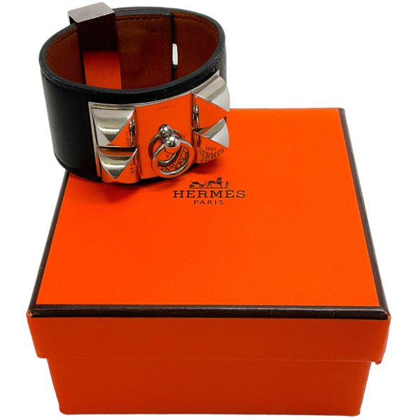 Hermes Black   Silver Collier de Chein Leather Bracelet Online Hot Sale