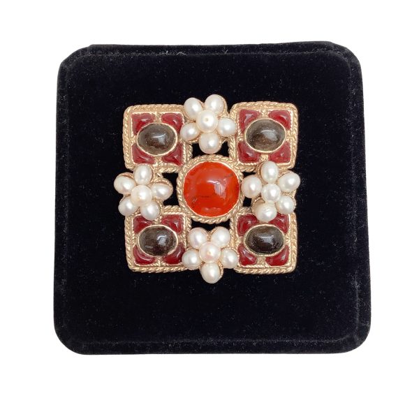 Chanel Burgundy Gripoix and Pearl Square Brooch Online Sale