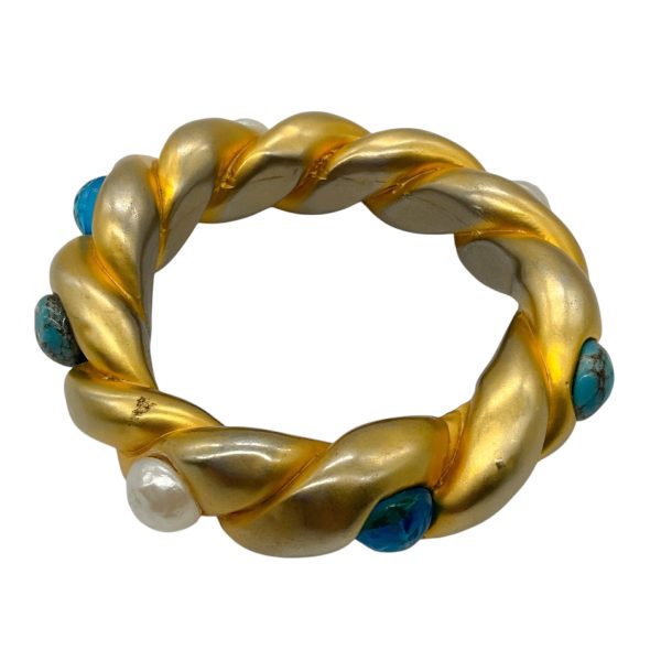 Chanel Vintage Pearl and Aqua Resin Embellished Gold Enamel Chunky Bangle Bracelet Discount