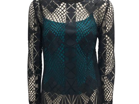 Sandro Black   Teal Long Sleeved Lace Blouse on Sale