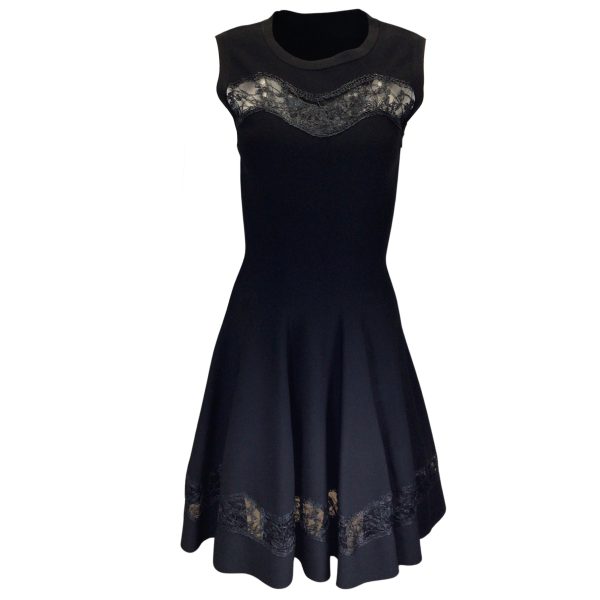 Alaia Black Lace Trimmed Sleeveless Flared Knit Dress Online Sale