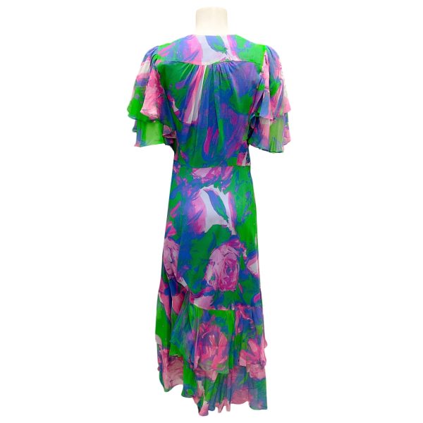 Prabal Gurung Blue   Pink   Green Flutter Sleeved Silk Midi Dress Cheap