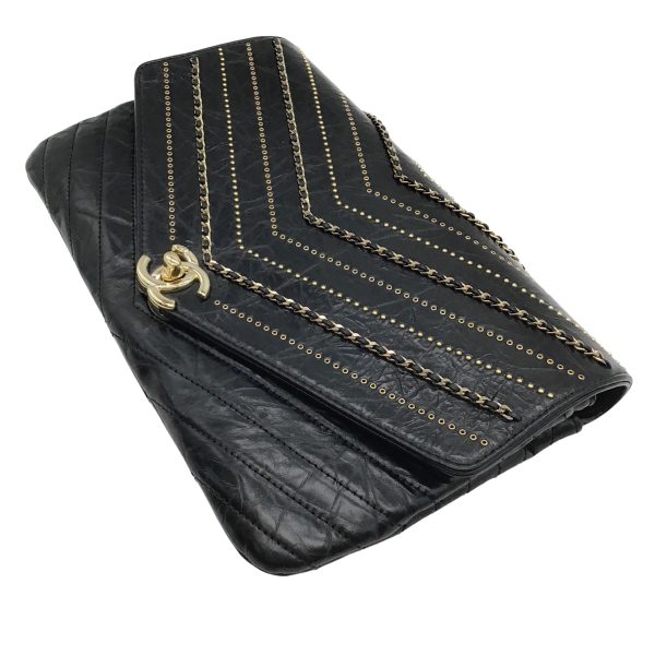 Chanel 2018 Black Leather Clutch with Gold Chain Detail For Cheap