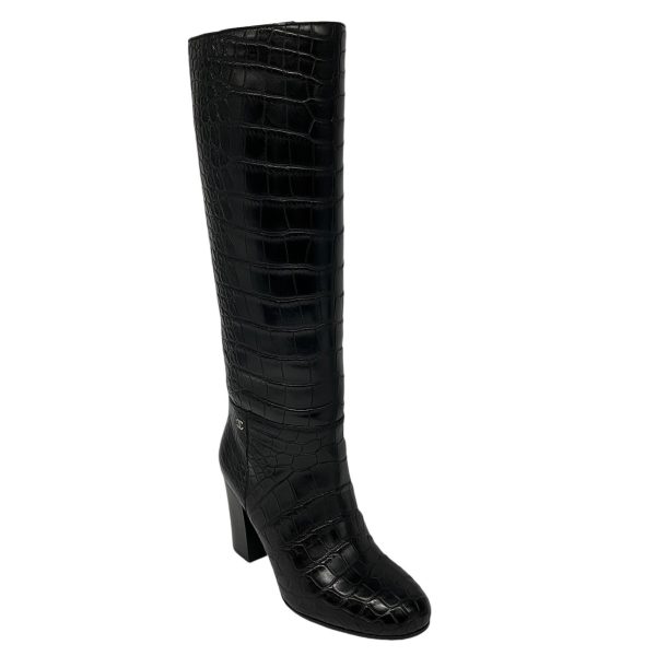 Chanel Black Alligator Patent Leather Knee High Boots For Discount