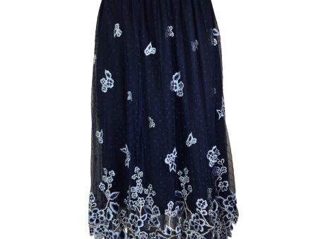 Biyan Navy Blue Floral Embroidered Mesh Tulle Midi Skirt on Sale