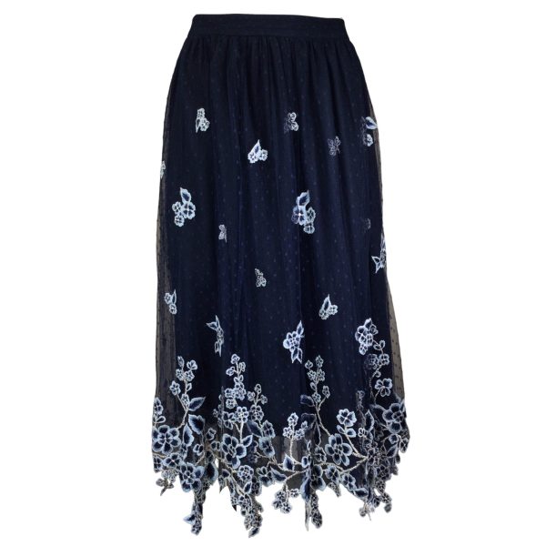 Biyan Navy Blue Floral Embroidered Mesh Tulle Midi Skirt on Sale