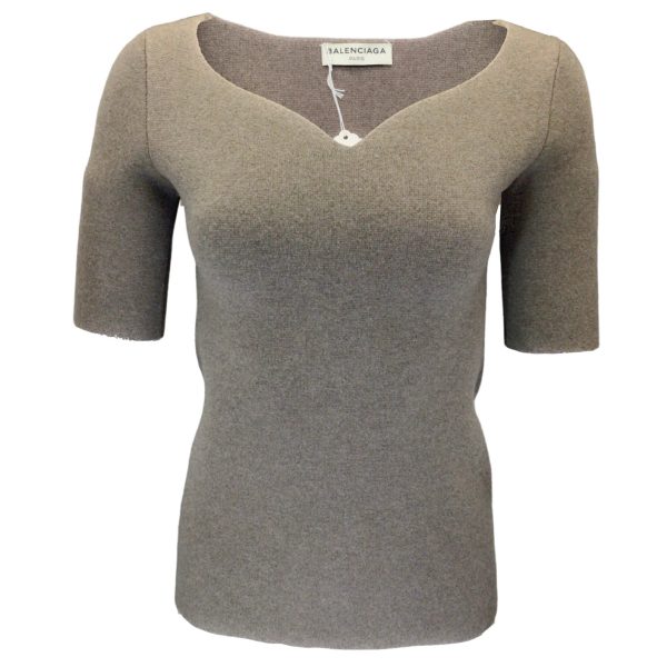 Balenciaga Taupe Short Sleeved Sweetheart Neckline Wool Knit Sweater Cheap