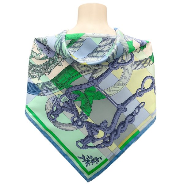 Hermes Blue   Green Multi Della Cavalleria Print Square Silk Twill Scarf For Sale