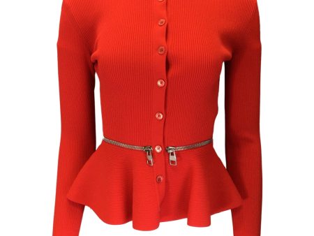 Alexander McQueen Red   Silver Zipper Detail Peplum Hem Cardigan Sweater Cheap