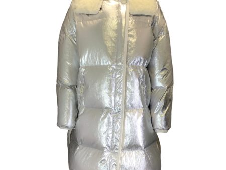 Yves Salomon Army Silver Metallic   Ivory Lamb Shearling Trimmed Hooded Quilted Down Puffer Coat Sale